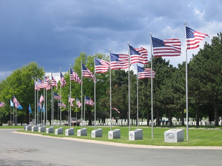Fort Snelling National Cemetery avenue of flags. Fort Snelling National Cemetery avenue of flags.